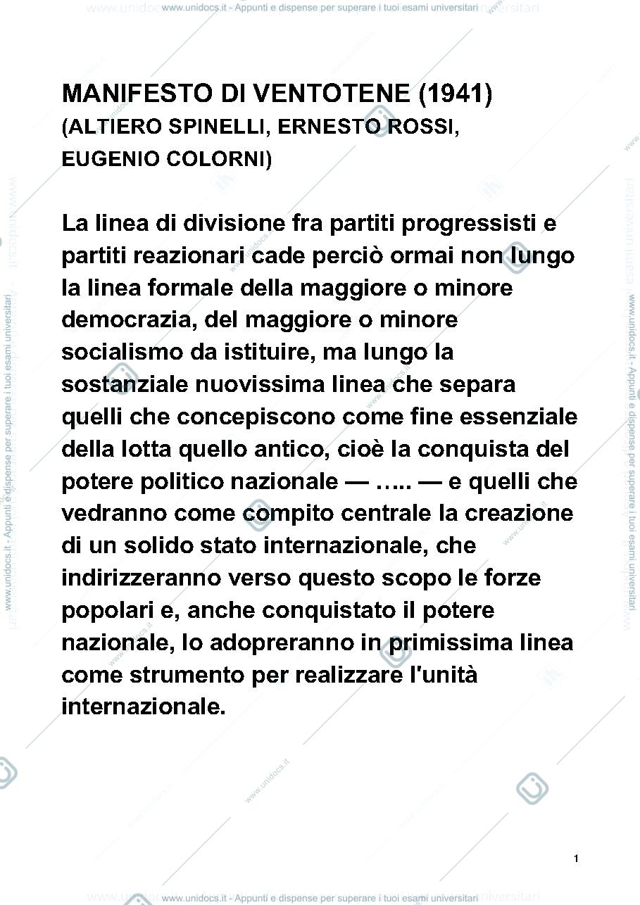 Anteprima pagina 1 — 1.4Dal Manifesto di Ventotene al Trattato CECA