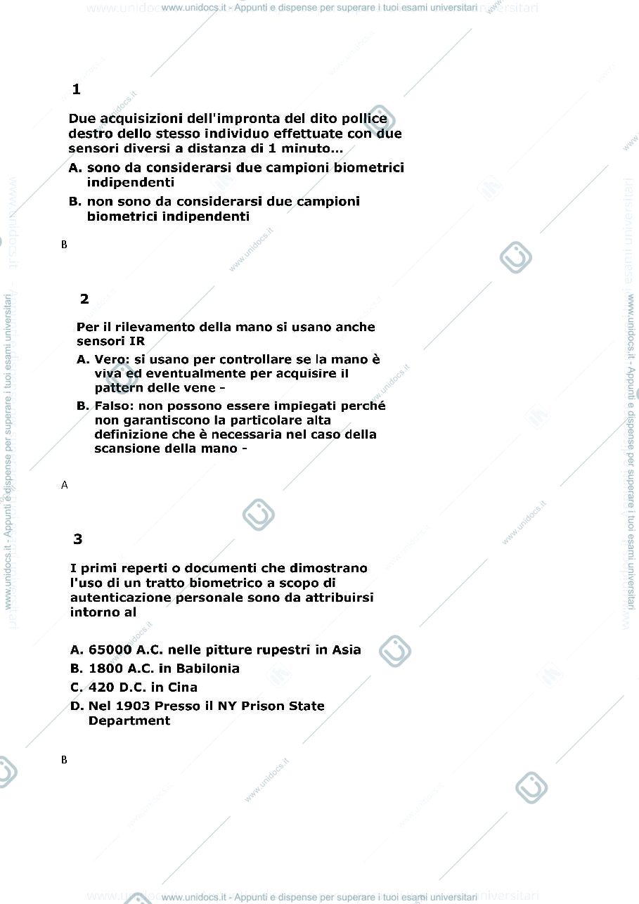 Anteprima pagina 1 — Domande con risposte delle simulazioni di Sistemi Biometrici