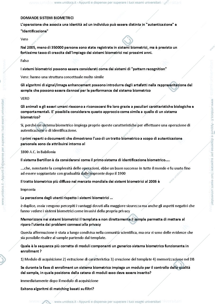 Anteprima pagina 1 — Domande Sistemi biometrici