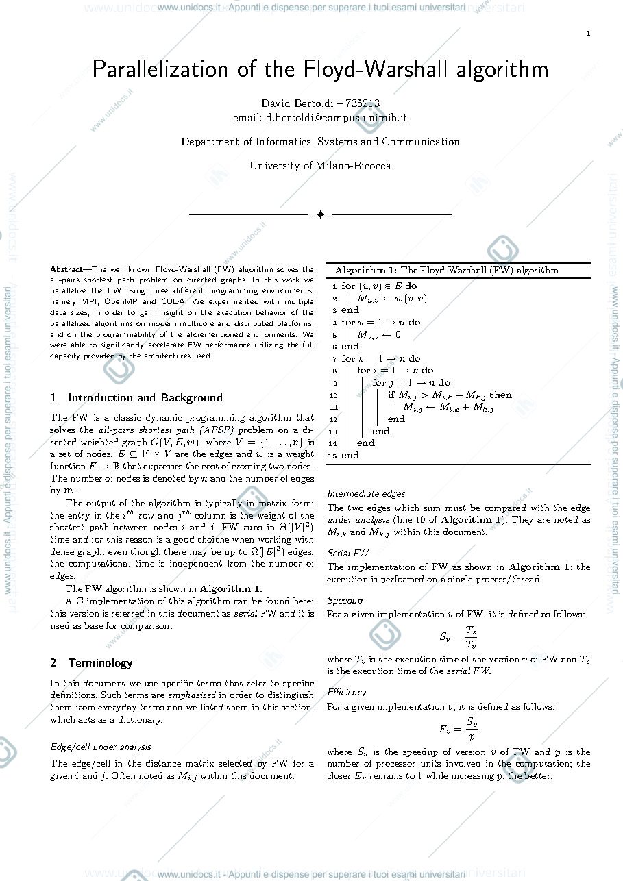 Anteprima pagina 1 — Esame (report) - Parallelization of the Floyd-Warshall algorithm