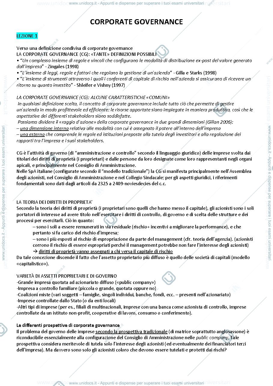 Anteprima pagina 1 — Slides e appunti lezione del corso di corporate governance - prof Quarato e Conca 