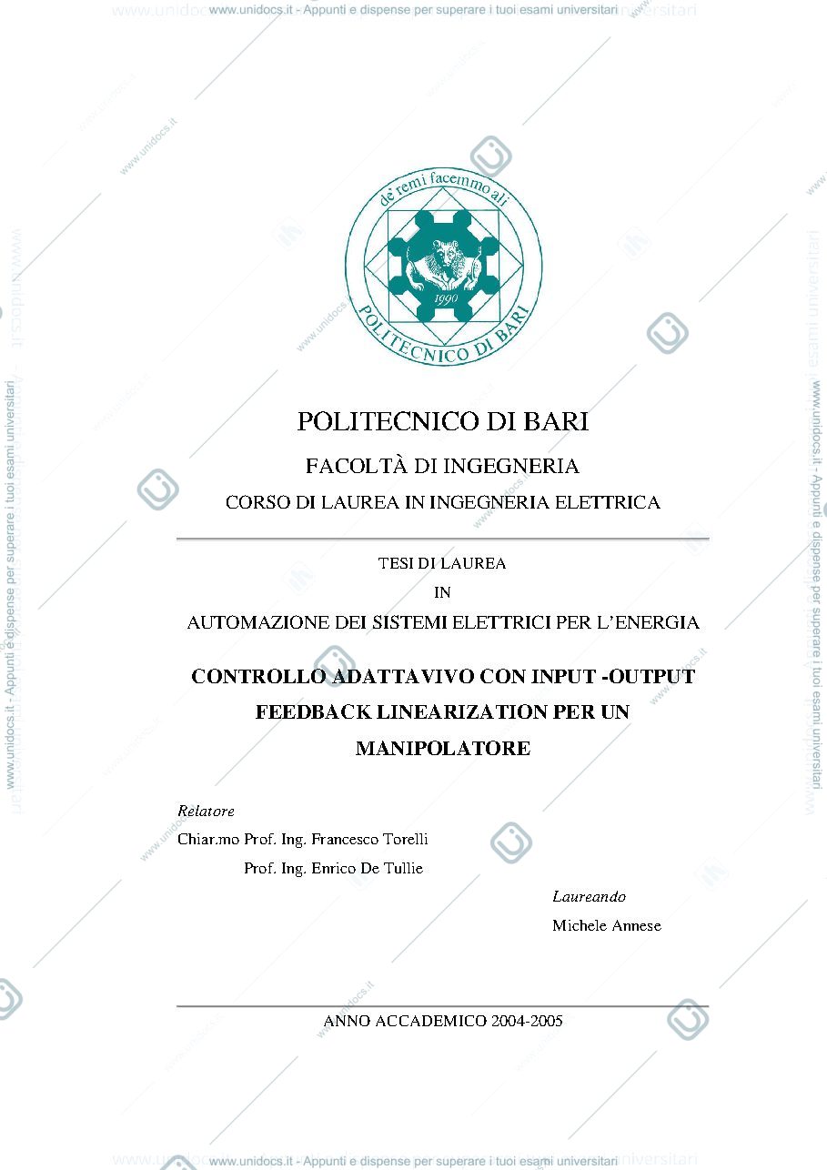 Anteprima pagina 1 — Controllo Adattativo con Input-Output Feedback Linearizzation di un Manipolatore Industriale