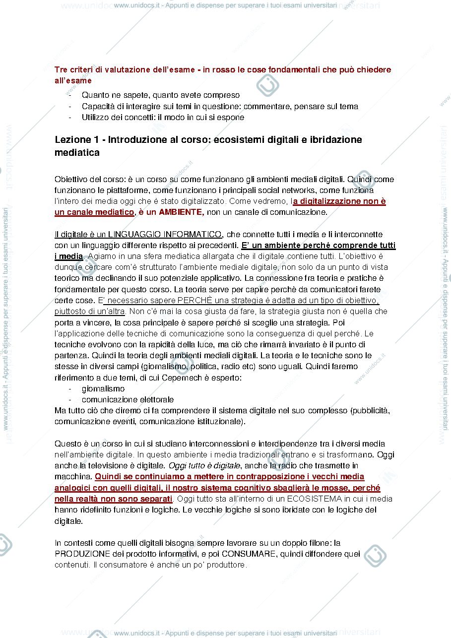 Anteprima pagina 1 — appunti del corso "sistemi mediali e ict" del professor Cepernich