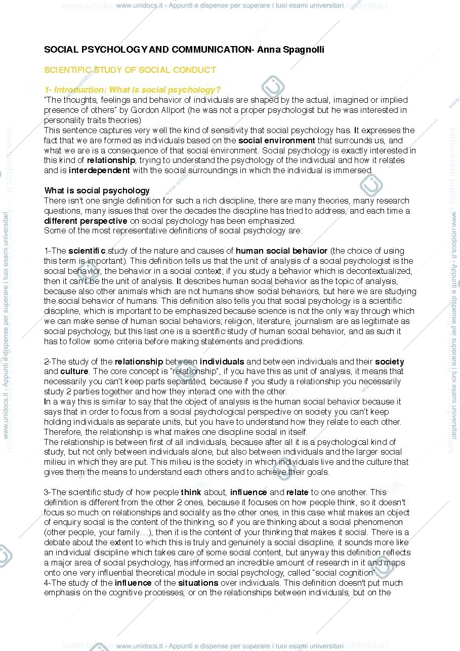 Anteprima pagina 1 — Social Psychology and Communication appunti completi (docente: A. Spagnolli)