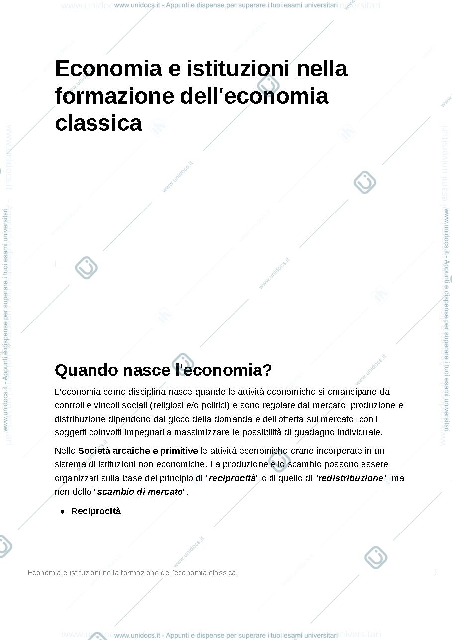 Anteprima pagina 1 — Economia e istituzioni nella formazione dell'economia classica