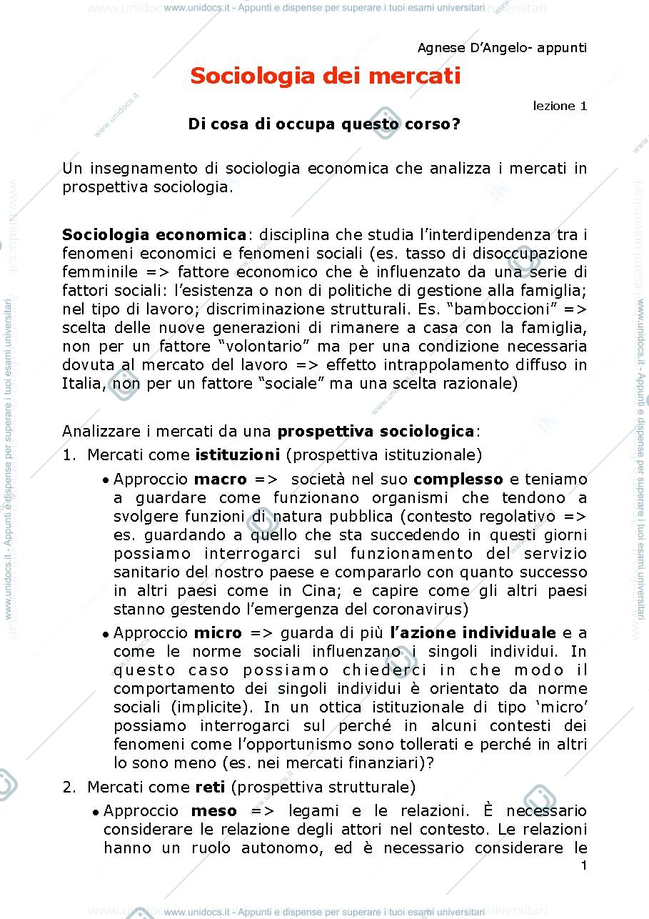 Anteprima pagina 1 — Appunti sociologia dei mercati