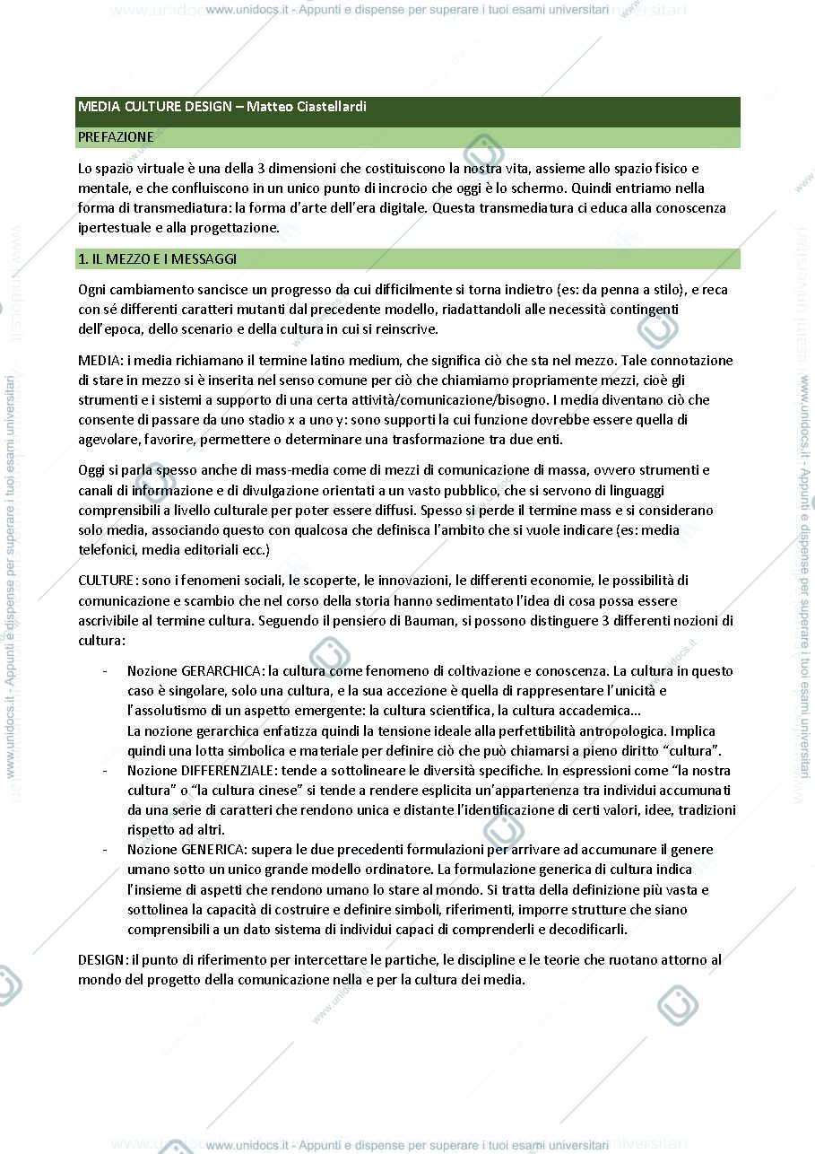Anteprima pagina 1 — Riassunto completo di Media Culture e Design