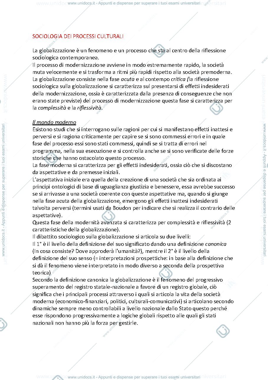 Anteprima pagina 1 — Sociologia dei processi culturali, prof. Scalon