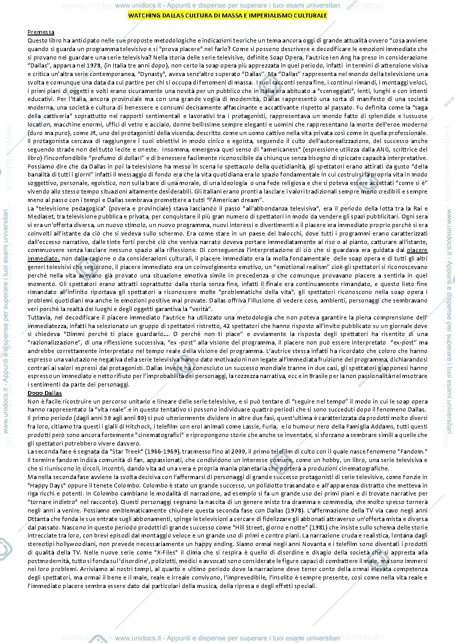 Anteprima pagina 1 — Riassunto del Libro Watching Dallas Watching Dallas Cultura DI Massa E Imperialismo Culturale di Ien Ang