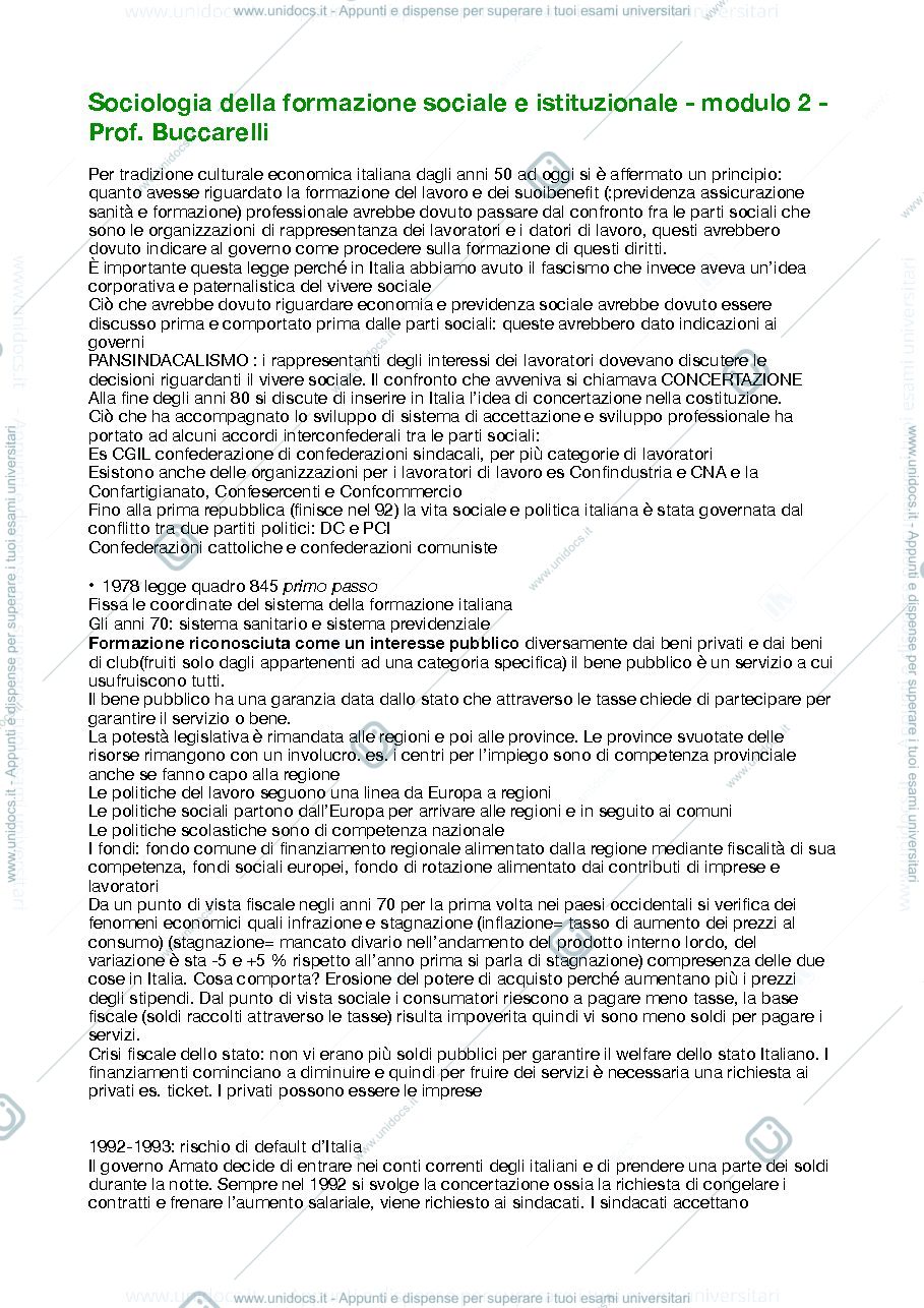 Anteprima pagina 1 — appunti secondo modulo esame "sociologia della formazione sociale e istituzionale"