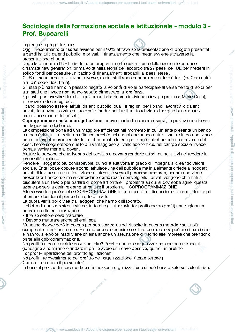 Anteprima pagina 1 — appunti terzo modulo del corso "sociologia della formazione sociale e istituzionale"
