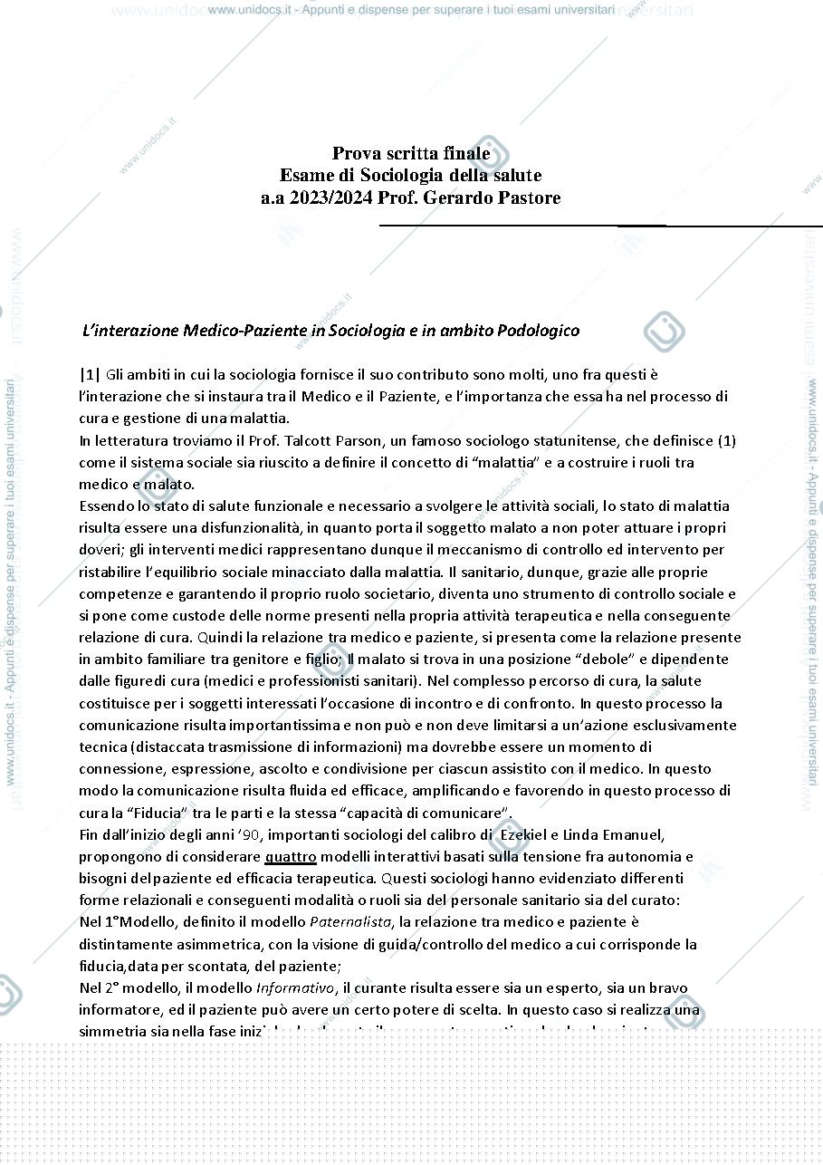 Anteprima pagina 1 — esame di sociologia della salute - rapporto sanitario - pzt