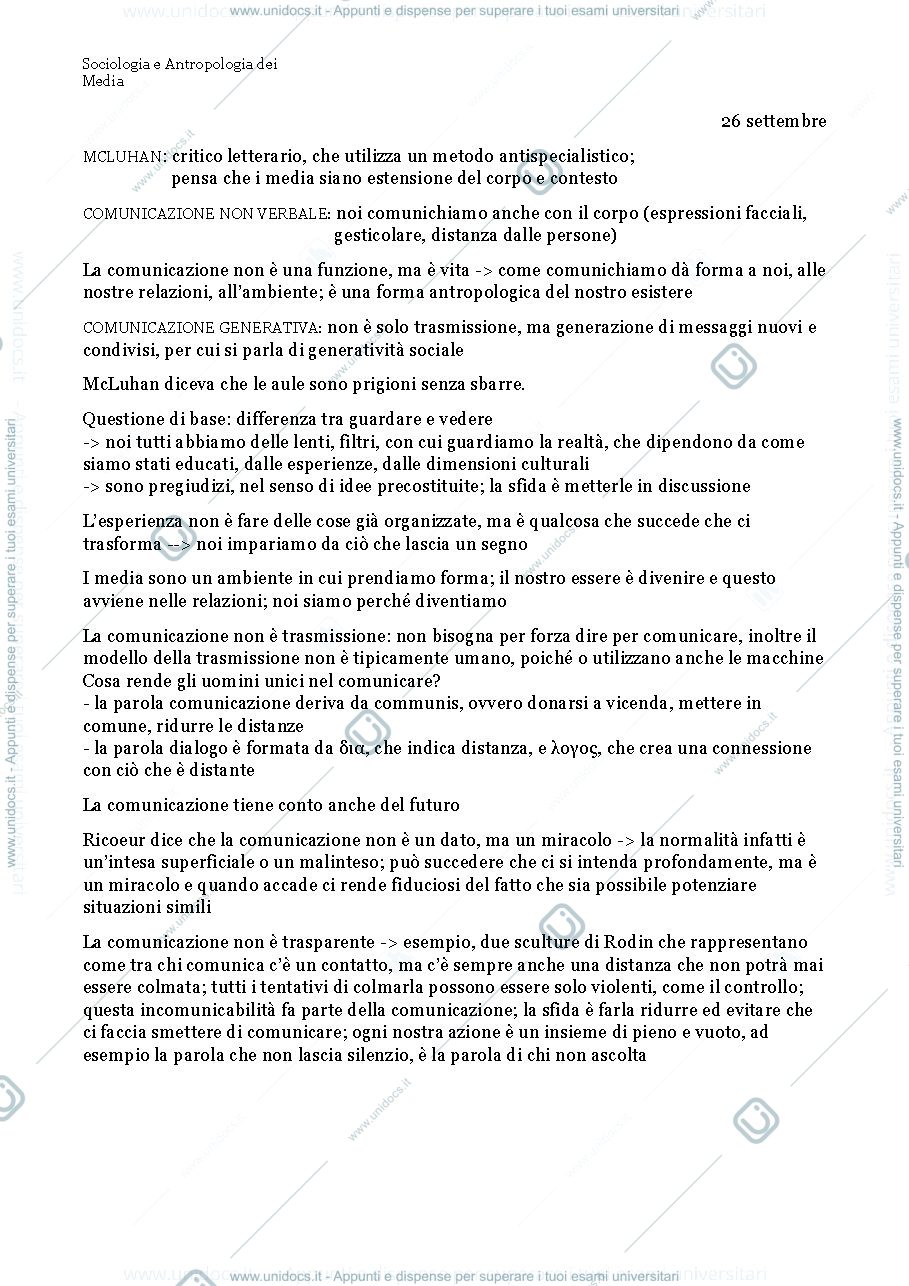 Anteprima pagina 1 — Appunti del corso di Sociologia e Antropologia dei Media 