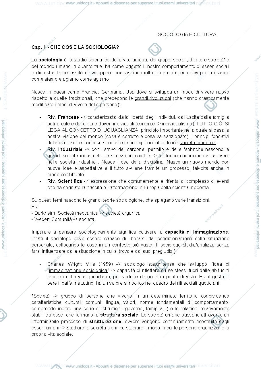 Anteprima pagina 1 — Appunti e riassunto libro del corso Sociologia e cultura
