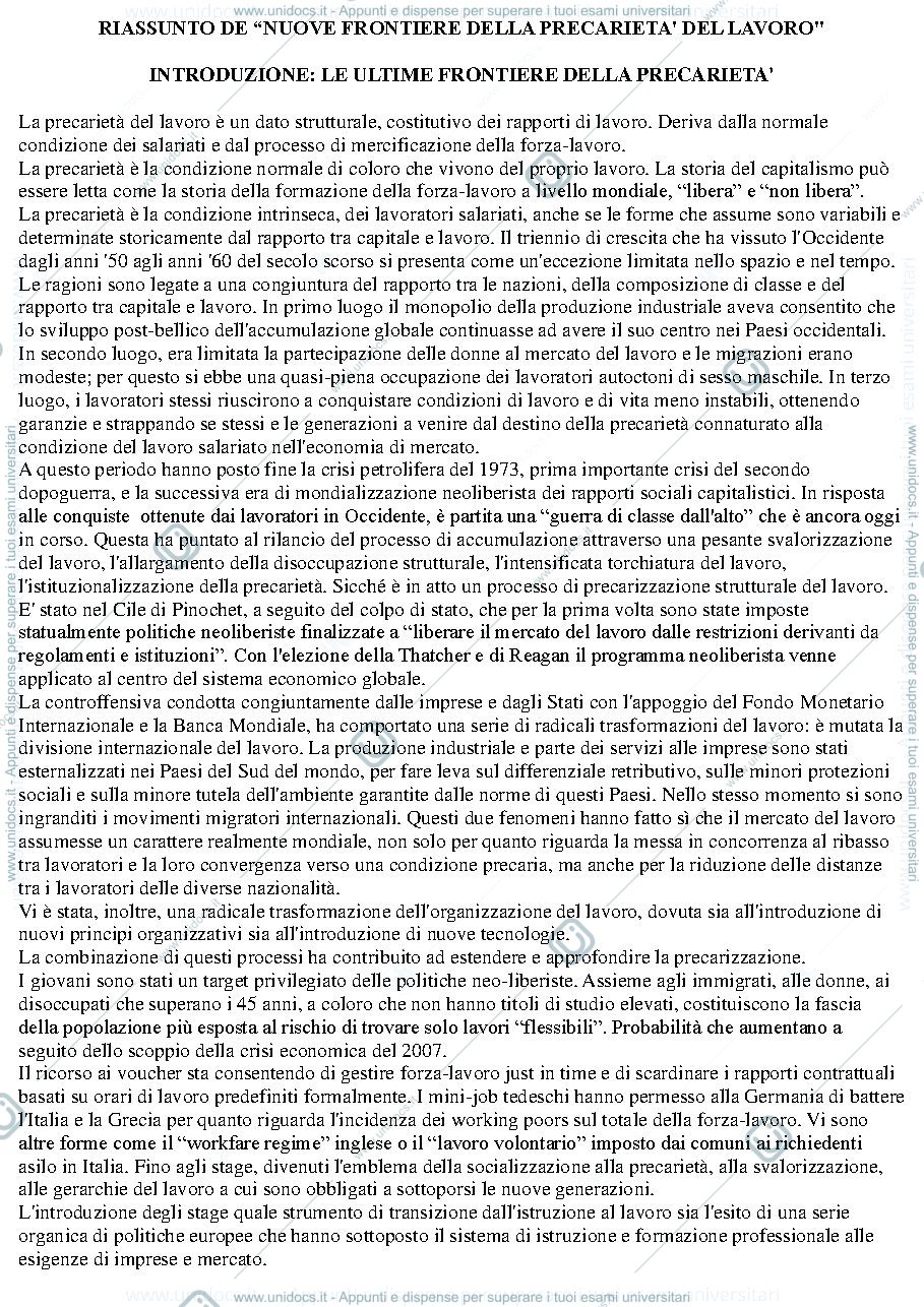 Anteprima pagina 1 — Riassunto "Nuove frontiere della precarietà del lavoro".