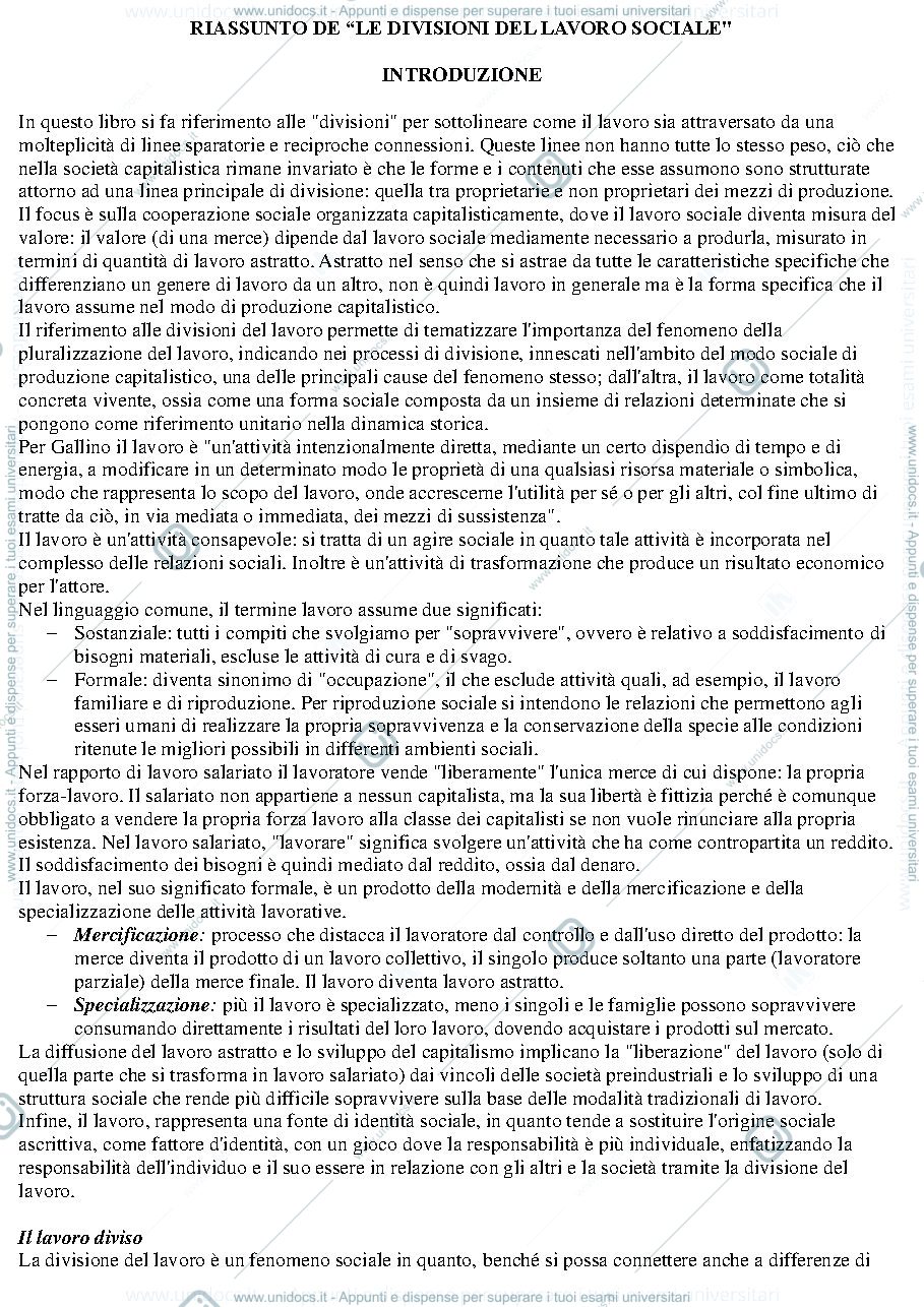 Anteprima pagina 1 — Riassunto "Le divisioni del lavoro sociale".