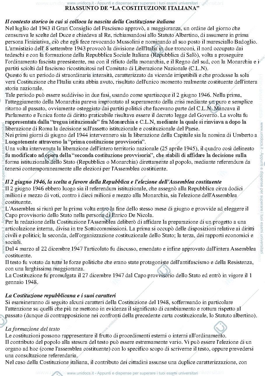 Anteprima pagina 1 — Riassunto de "La costituzione italiana".