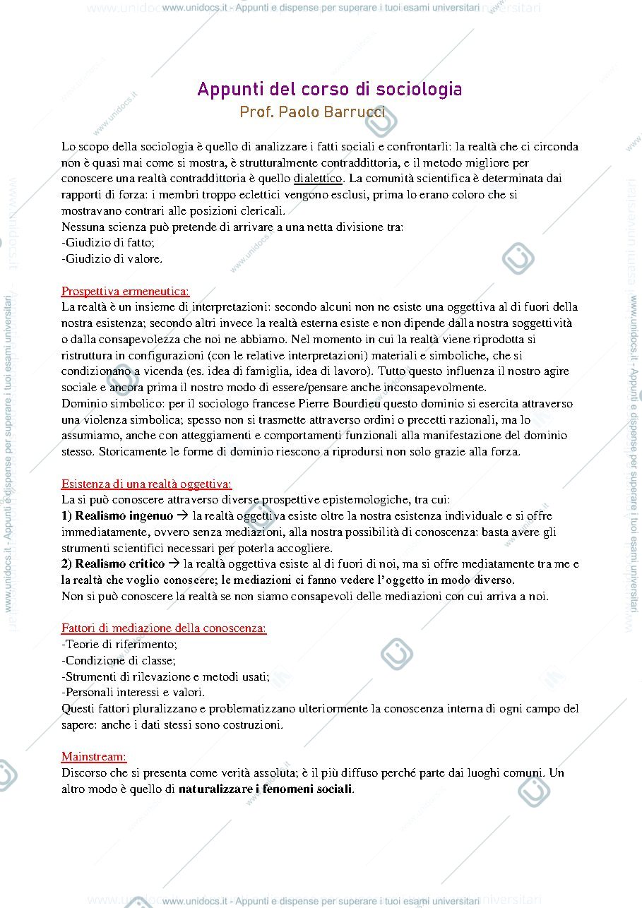 Anteprima pagina 1 — Appunti del corso di sociologia, prof. Barrucci