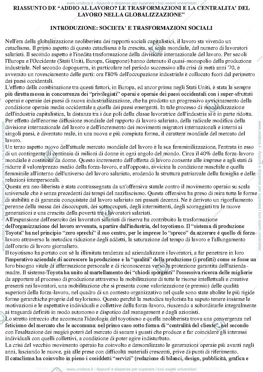 Anteprima pagina 1 — Riassunto "Addio al lavoro".