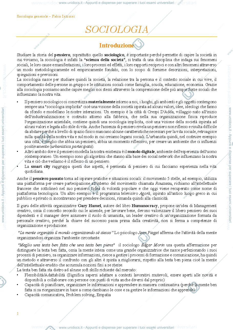 Anteprima pagina 1 — Sociologia primo semestre 