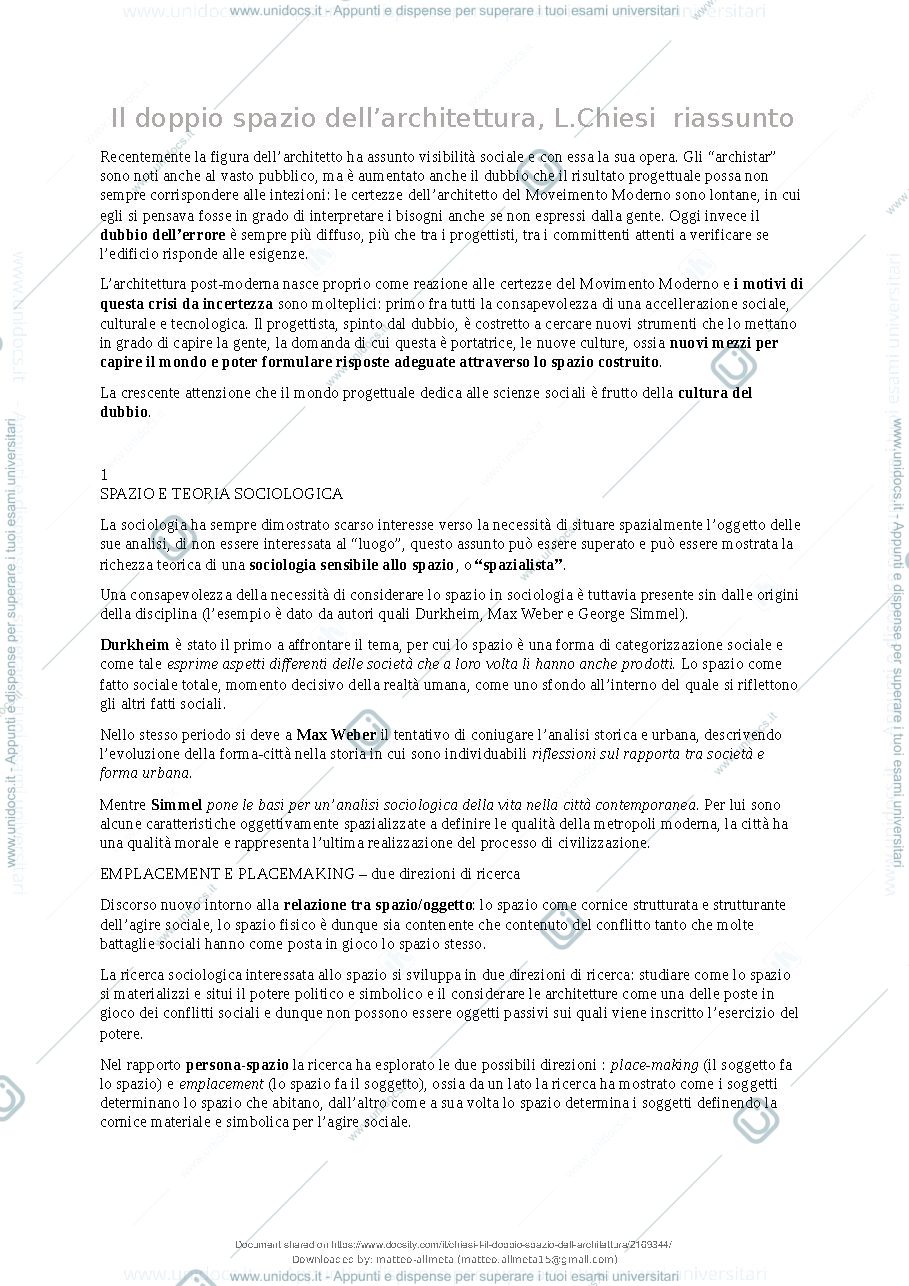 Anteprima pagina 2 — Riassunto "Doppio spazio dell'Architettura"