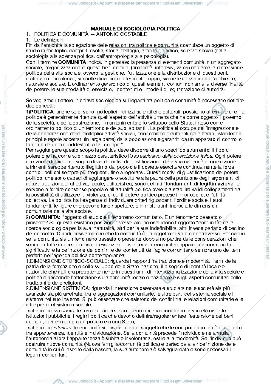 Anteprima pagina 1 — Politica e comunità; riassunto manuale di Sociologia Politica