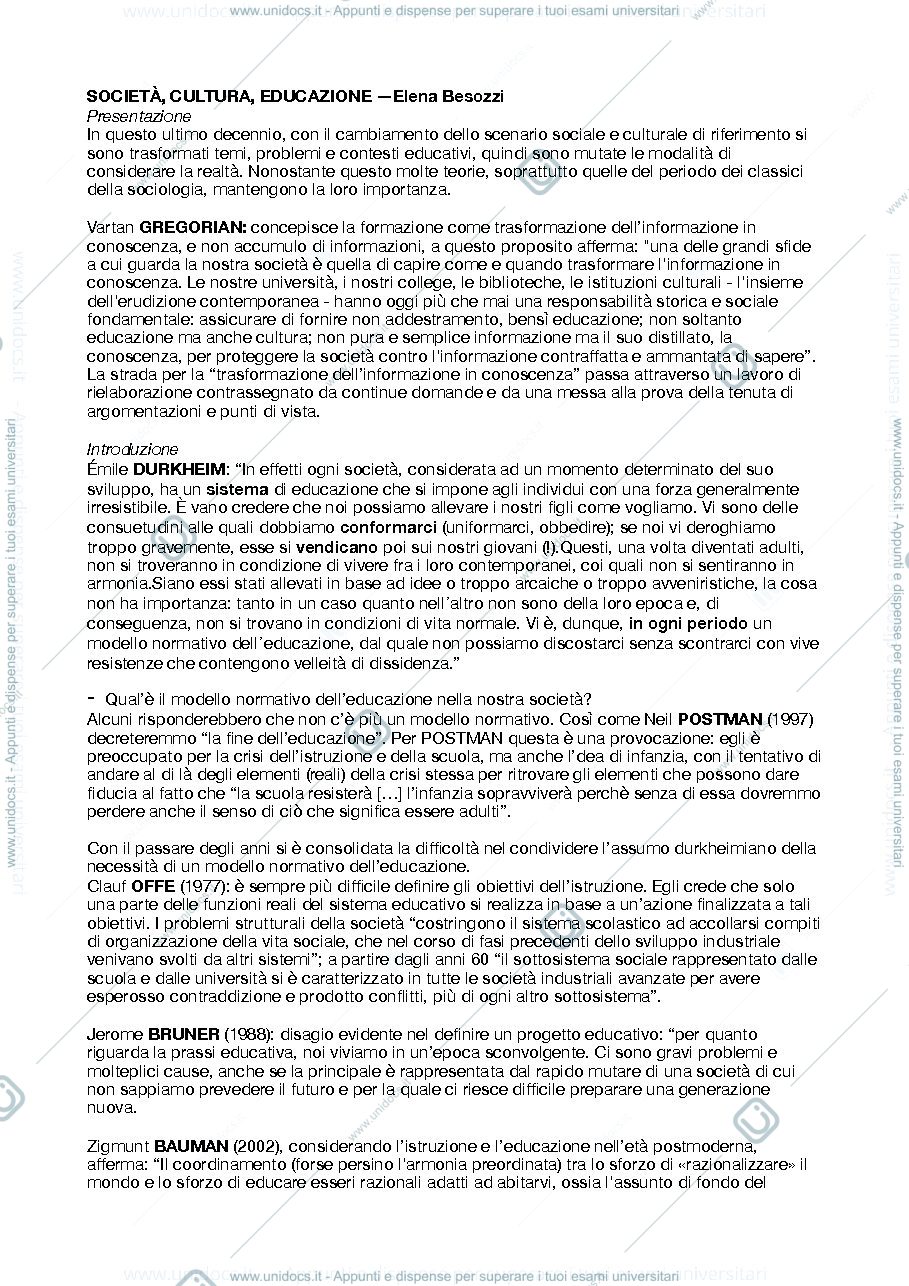 Anteprima pagina 1 — Riassunto SOCIETÀ, CULTURA, EDUCAZIONE —Elena Besozzi