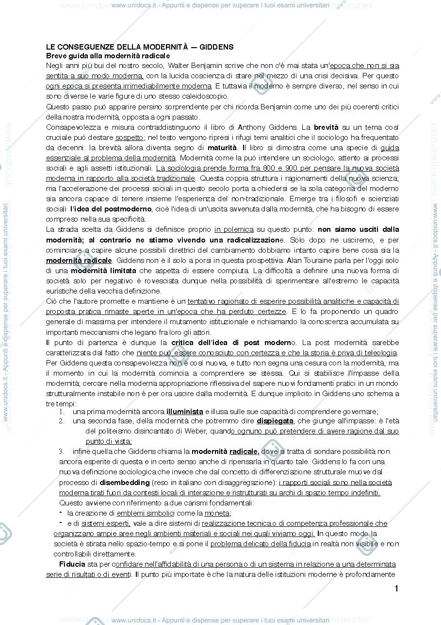 Anteprima pagina 1 — Le conseguenze della modernità, Giddens