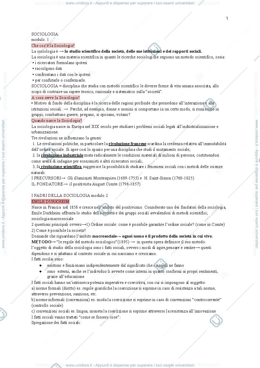Anteprima pagina 1 — Appunti sociologia  primo anno università