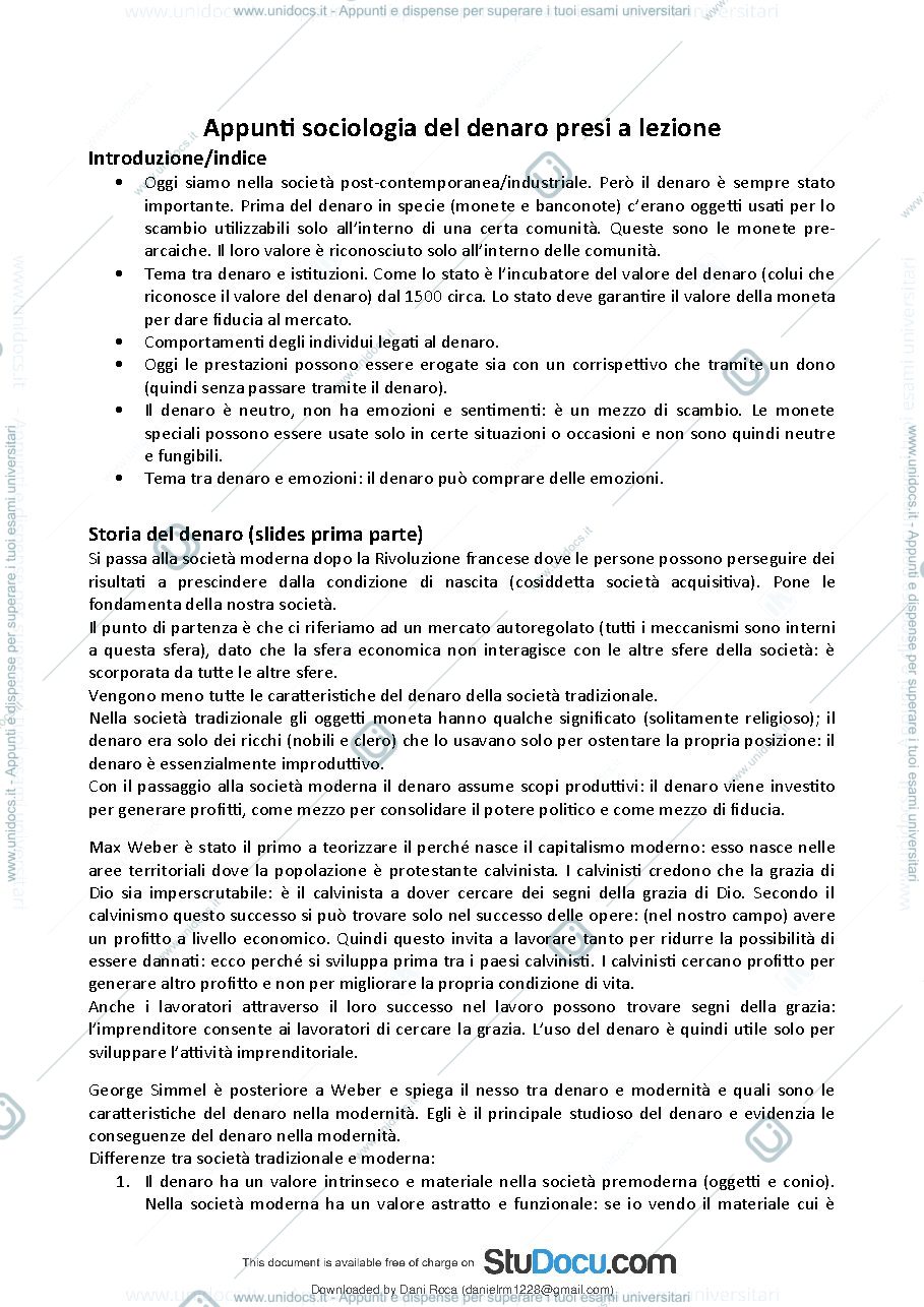 Anteprima pagina 2 — riassunto sociologia del denaro