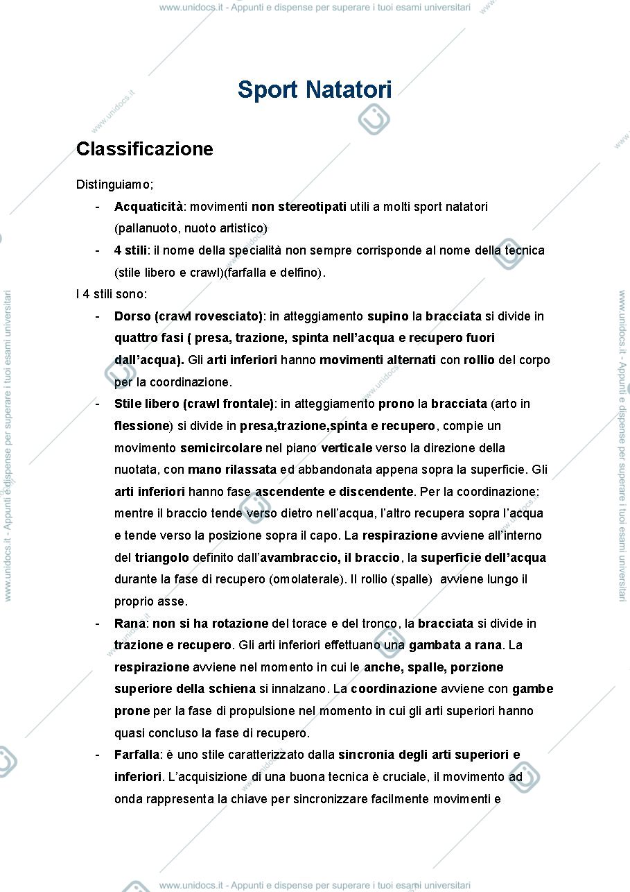 Anteprima pagina 1 — Nuoto-Riassunto schematico