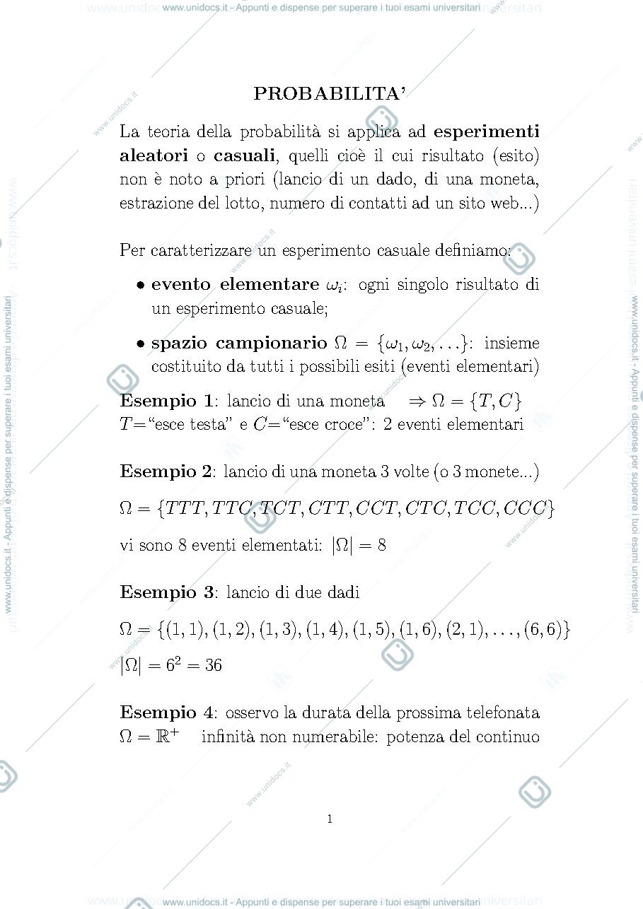 Anteprima pagina 1 — dispensa sulla probabilità 