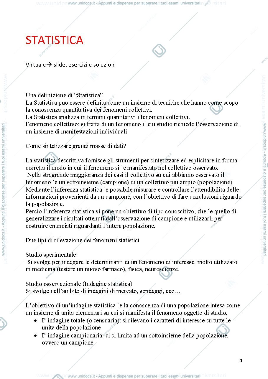 Anteprima pagina 1 — Statistica riassunto