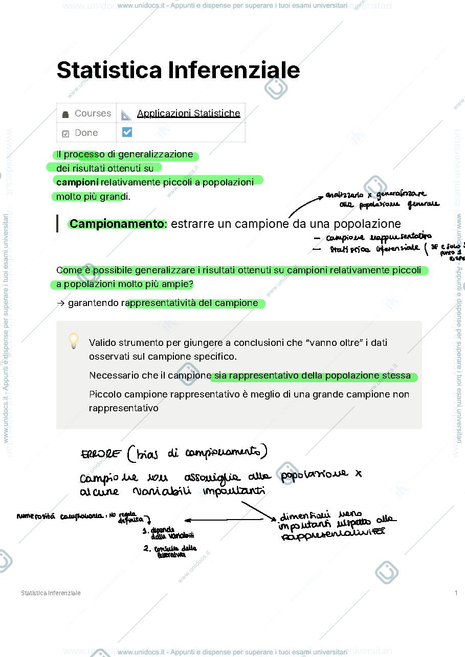 Anteprima pagina 1 — Appunti Statistica Inferenziale