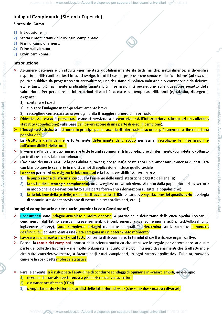 Anteprima pagina 1 — Statistica sociale e Indagini campionarie