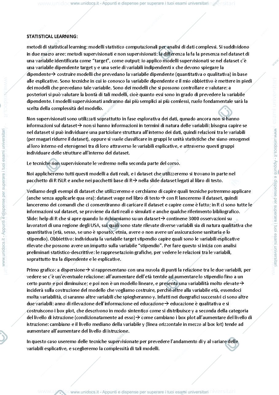 Anteprima pagina 1 — Appunti di Statistica (statistical learning) 