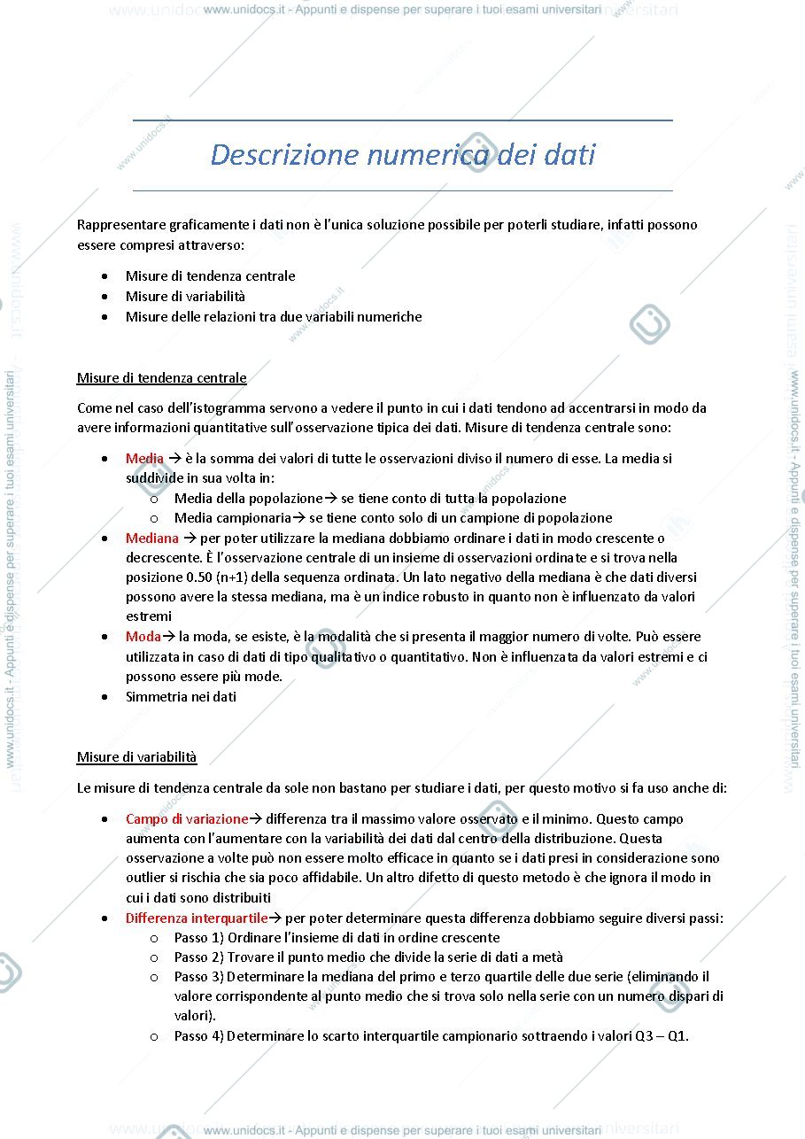 Anteprima pagina 1 — descrizione numerica dei dati