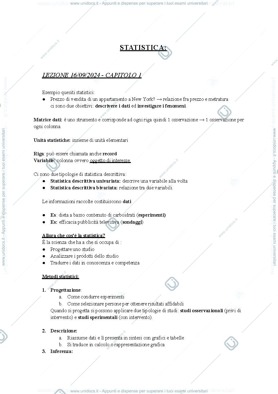 Anteprima pagina 1 — Appunti statistica 