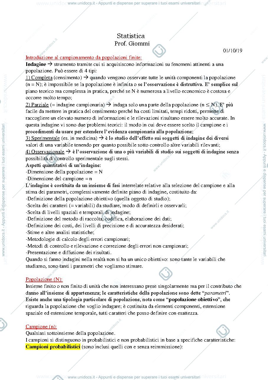 Anteprima pagina 1 — Appunti pt. 1 di statistica, prof. Giommi