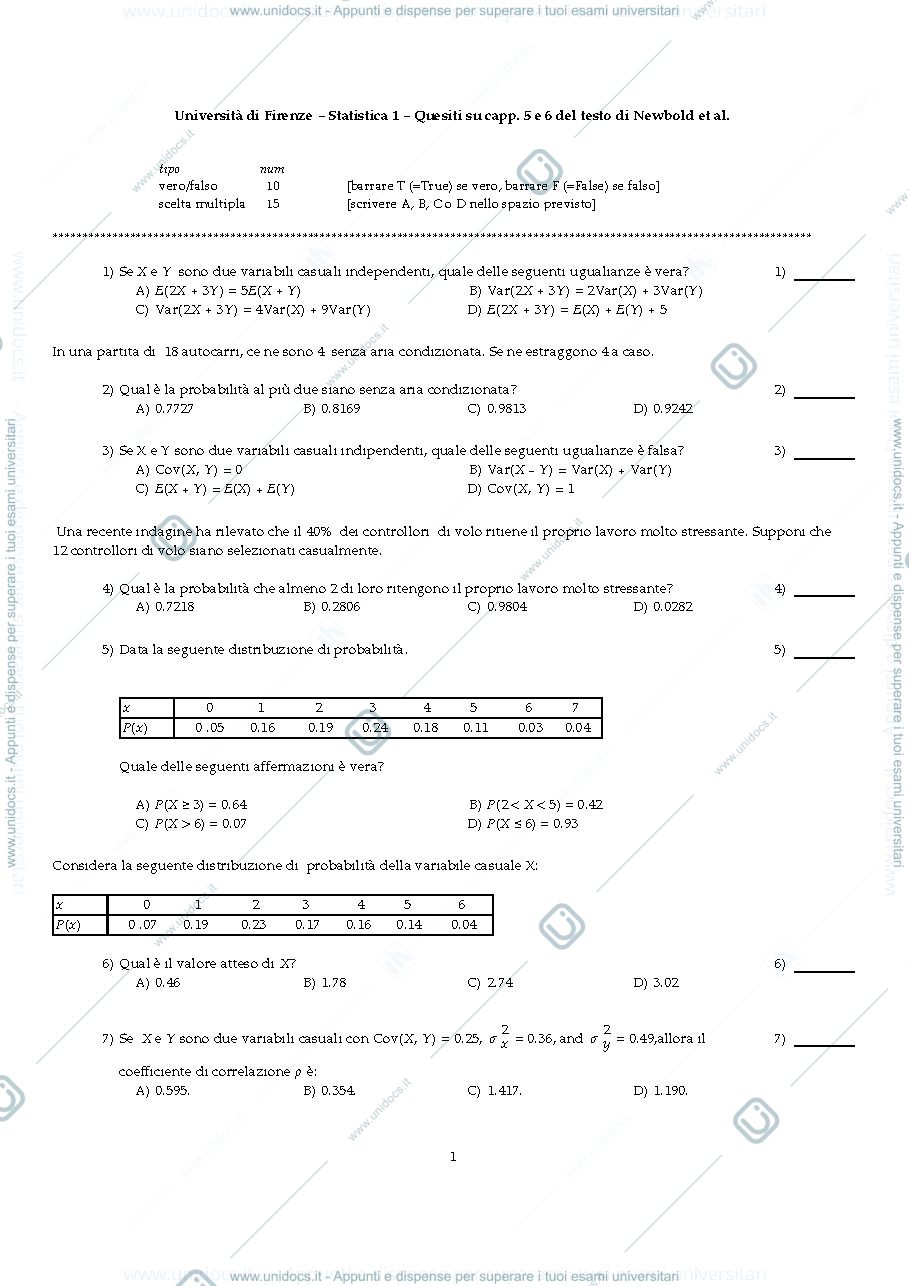 Anteprima pagina 1 — Esercizi su variabili aleatorie continue e discrete