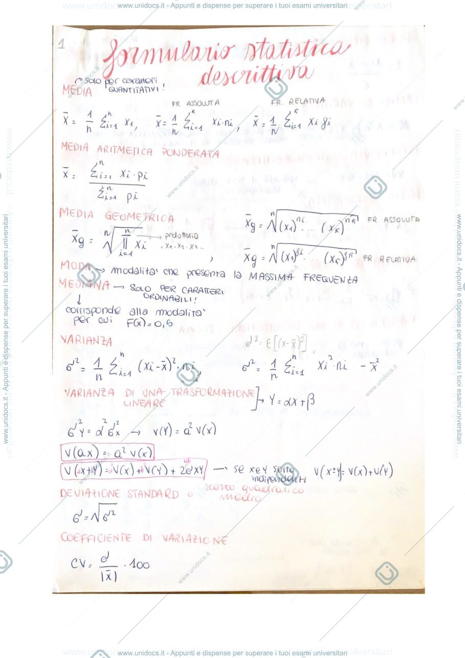 Anteprima pagina 1 — Formule del corso di Statistica