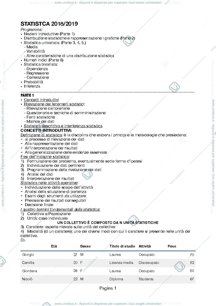Anteprima pagina 1 — Statistica, appunti - MASSARI