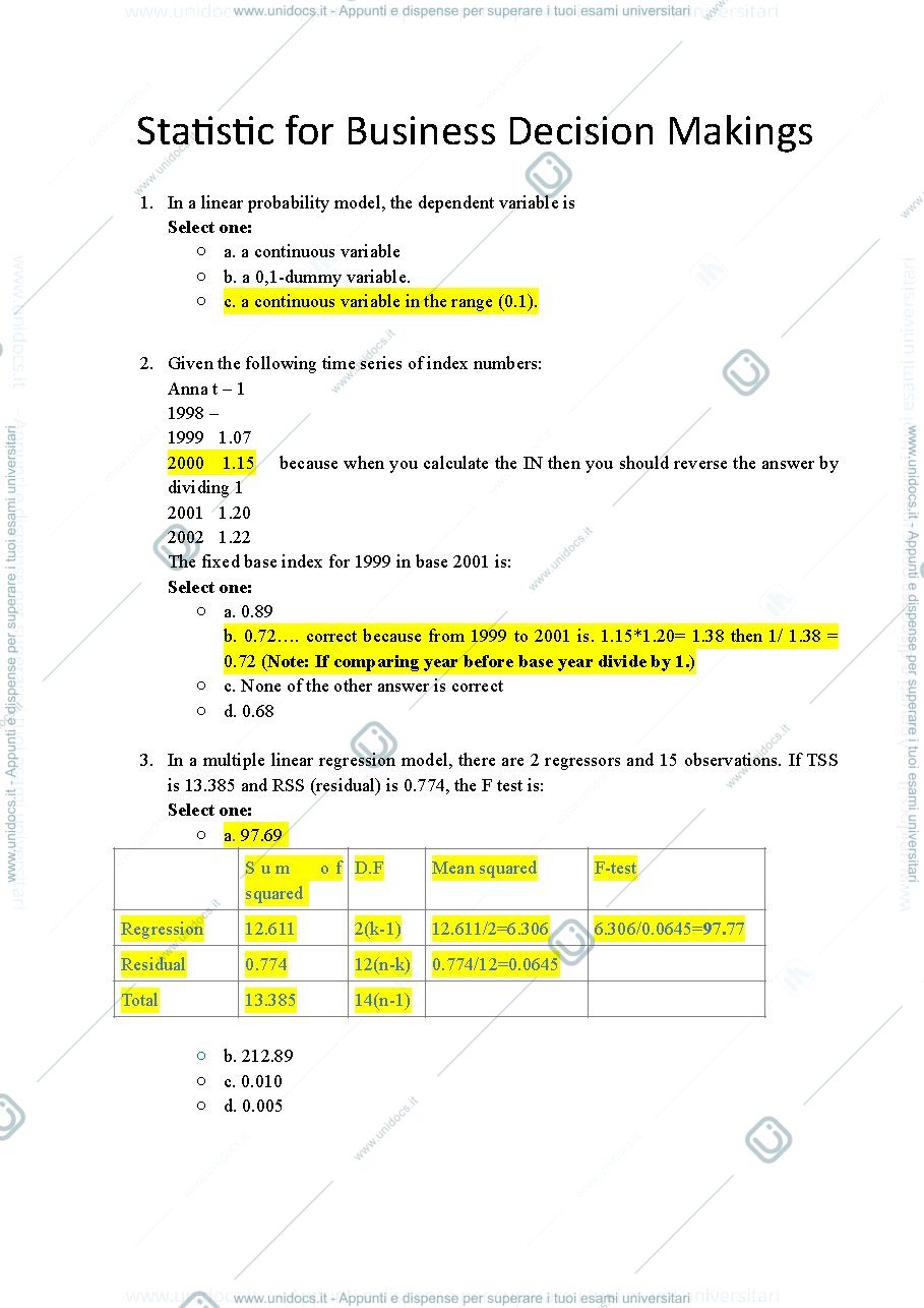 Anteprima pagina 1 — Domande esame Statistics for business decision making 