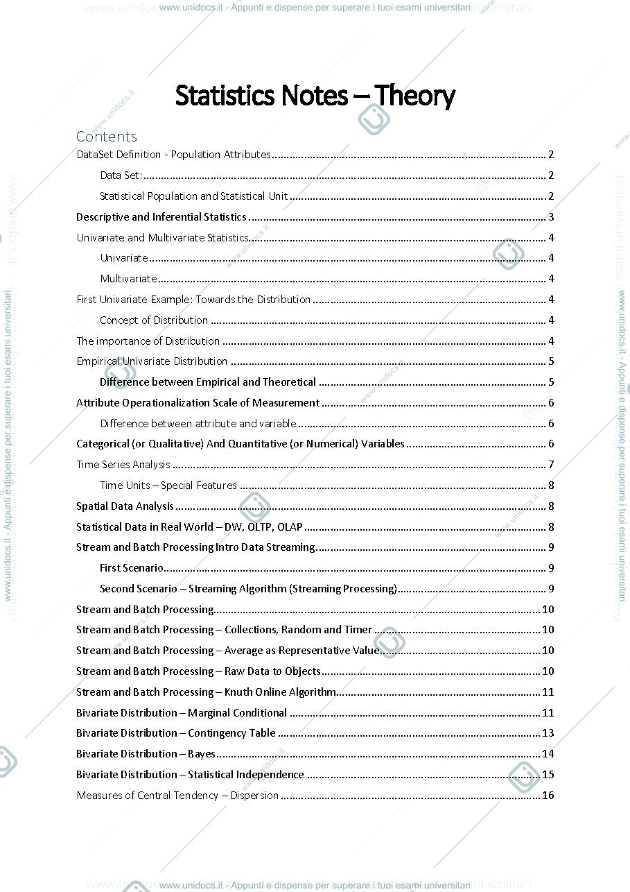 Anteprima pagina 1 — Statistics Notes - Up to lesson 7