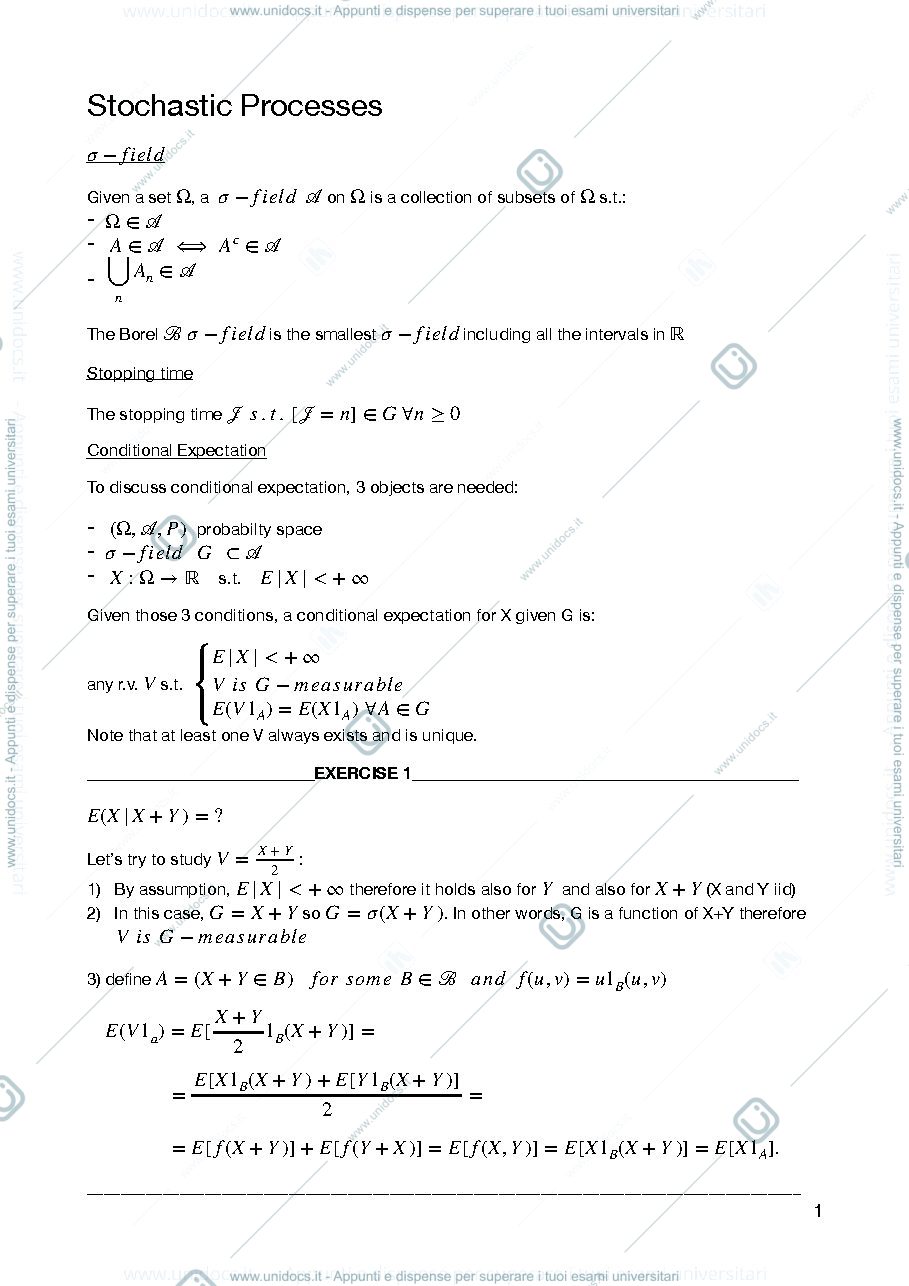 Anteprima pagina 1 — Stochastic Processes riassunti per esame