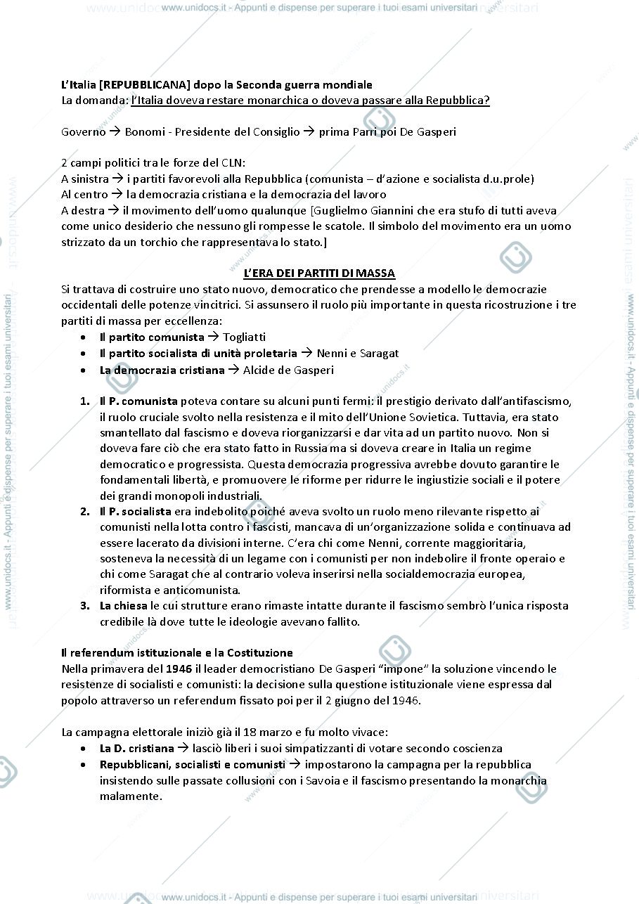 Anteprima pagina 1 — L'Italia Repubblicana dopo la Seconda guerra mondiale 