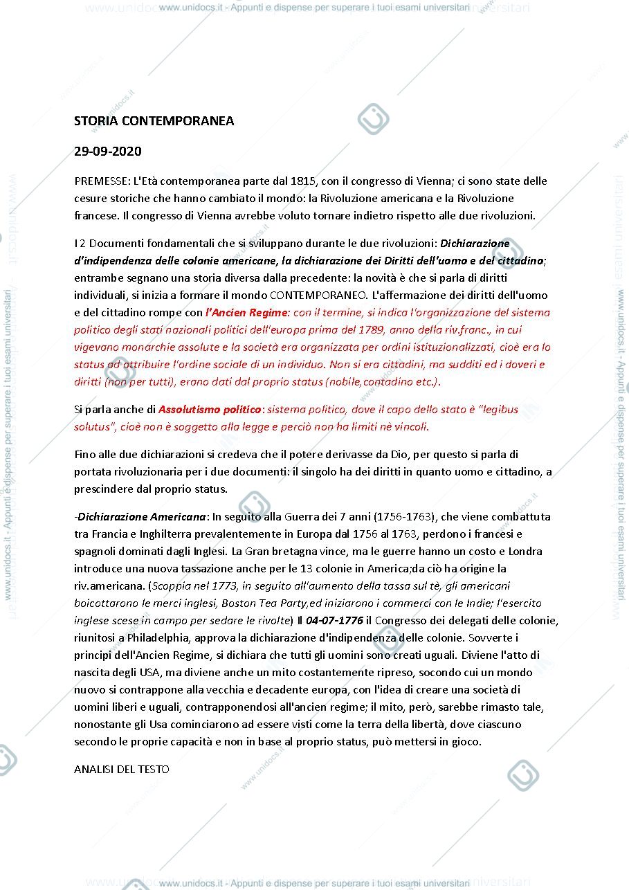 Anteprima pagina 1 — Appunti Storia Contemporanea, Giulia Simone (unipd)