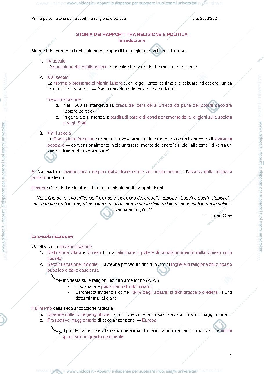 Anteprima pagina 1 — Storia dei rapporti tra Stato e Chiesa UNIPD