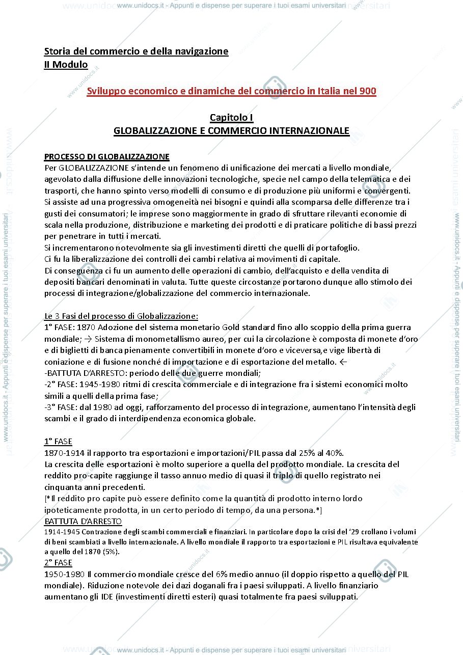 Anteprima pagina 1 — Riassunto secondo modulo storia del commercio e della navigazione