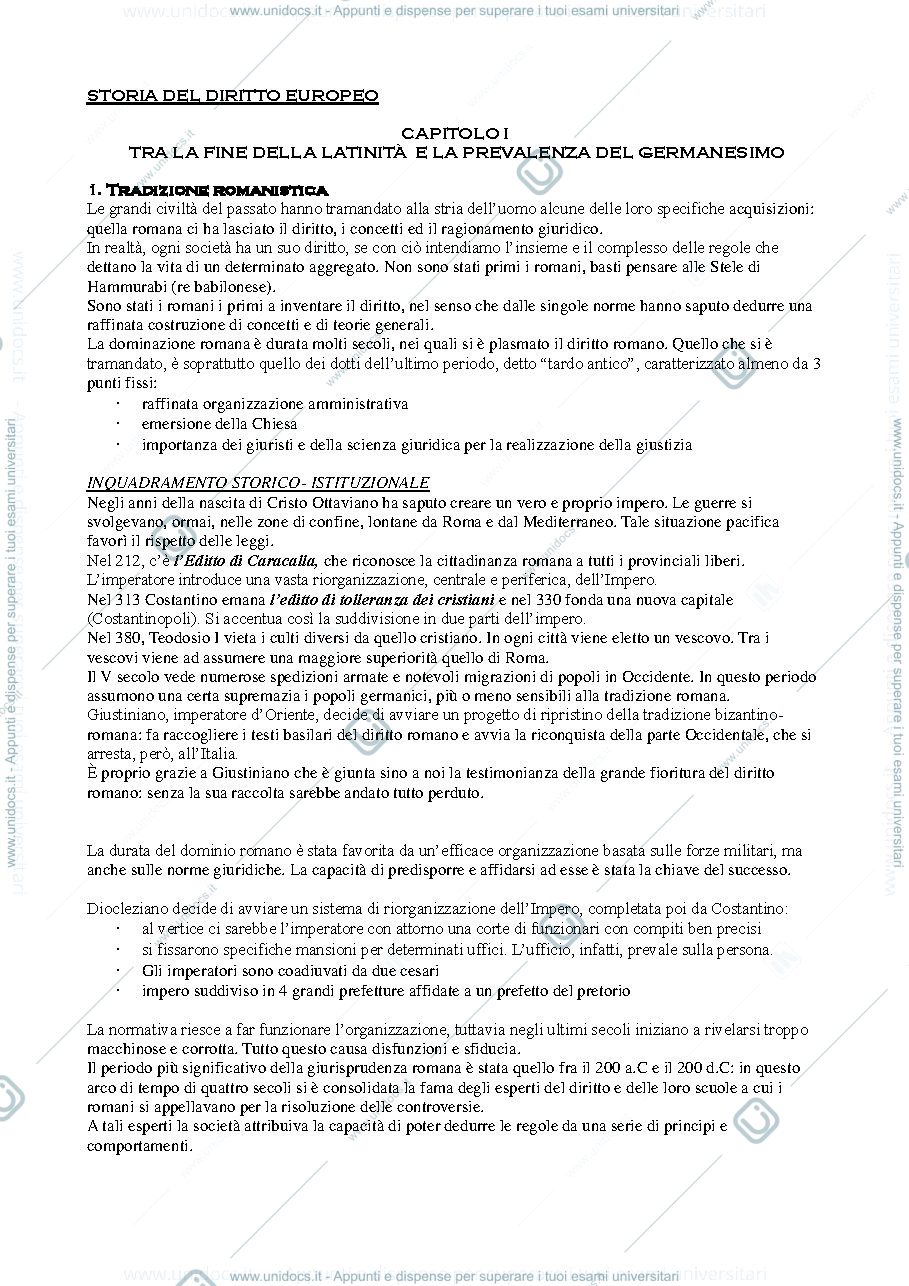 Anteprima pagina 1 — Appunti di storia del diritto europeo 